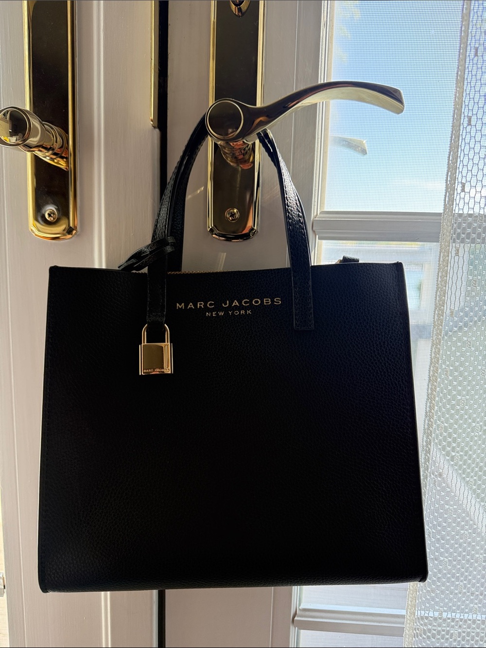 Marc Jacobs Black Leather Structured Tote with Gold Padlock